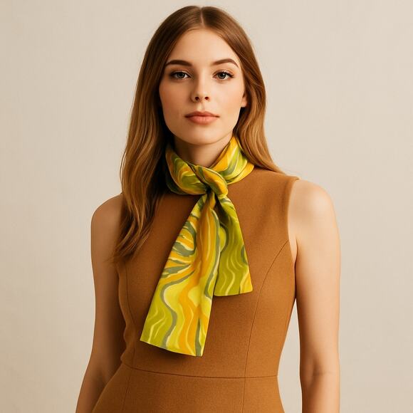 Vintage 60s Mod Mid Century Yellow Psychedelic Bow Tie Headscarf scarf - Picture 1 of 8